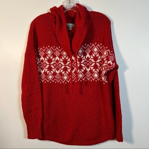 EDDIE BAUER Intarsia knit lounge sweater w/cowl neck. Size Large. Red & White - Picture 1 of 8